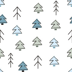 Obraz premium Minimal hand-drawn coordinate pattern featuring simple pine trees and Scandinavian-inspired forest symbols in muted blue and sage green tones on a soft gray background. Designed as a versatile compani