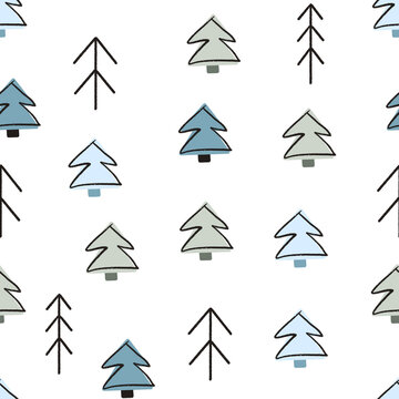Minimal hand-drawn coordinate pattern featuring simple pine trees and Scandinavian-inspired forest symbols in muted blue and sage green tones on a soft gray background. Designed as a versatile compani