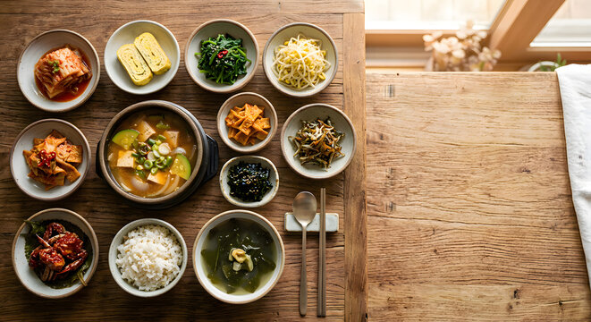 Korean Banchan Full Set Top View on Wooden Table with Copy Space - Traditional Side Dishes