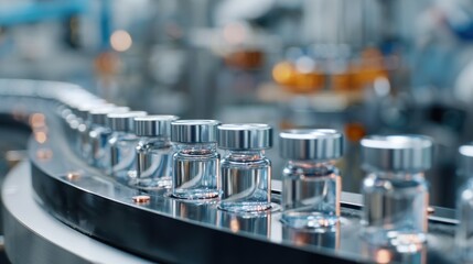 Fototapeta premium Metal caps moving along conveyor line in modern factory highlighting precise cap placement on bottles, sensor inspection, polished components and blurred motion, scene conveys automation, quality