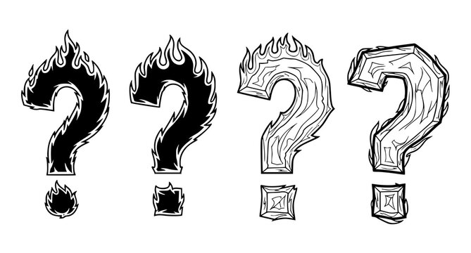 Burning fire and stone texture question marks set featuring elemental design themes for creative graphic projects on white background
