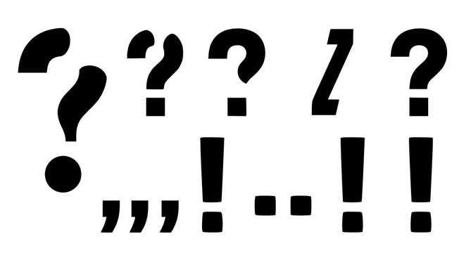 Bold heavy ink style question marks and exclamation points for high impact typography and strong visual communication in graphic design layouts