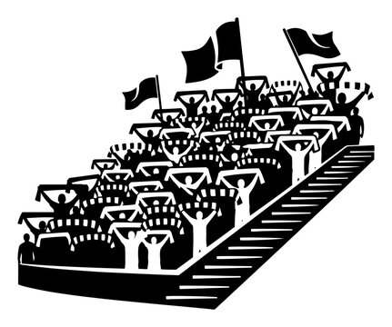 Soccer fans cheering in stadium stands with flags in flat silhouette style