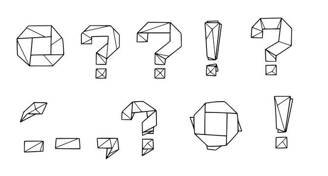 Geometric origami question marks and exclamation points set in line art style for creative design projects and modern typography elements isolated on white background