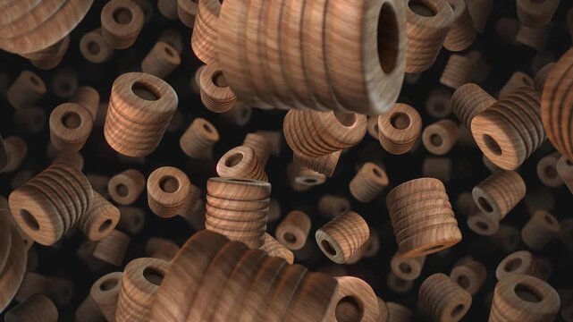 A background of spinning 3D carved wooden style shapes on an endless loop.
