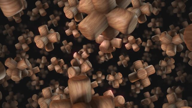A background of spinning 3D carved wooden style shapes on an endless loop.
