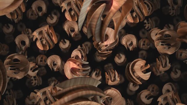 A background of spinning 3D carved wooden style shapes on an endless loop.
