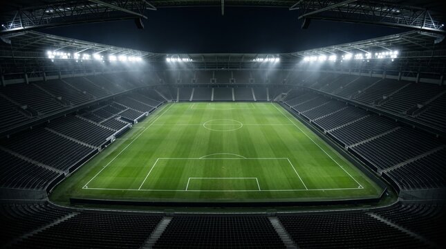 High angle view of a professional green football stadium pitch under stadium lights