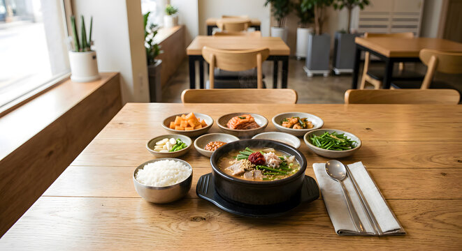 Korean Sundae Gukbap Soup with Rice and Side Dishes on Wooden Table in Modern Restaurant