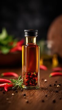 A bottle of infused oil with chili peppers and herbs, surrounded by spices on a wooden surface