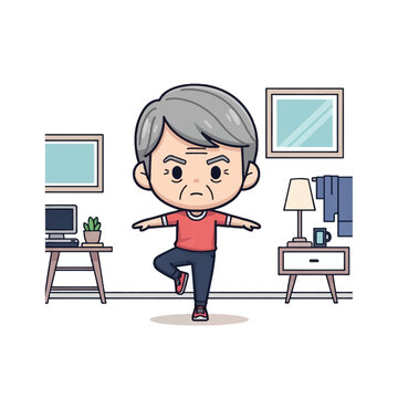 Chibi style vector illustration of a senior man with grey hair performing a one-legged balance exercise in a furnished room with a desk, lamp, and framed wall art for fitness.