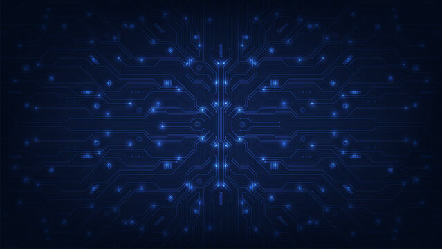 Abstract circuit board background in blue. Technology lines circuit and dots. AI innovation futuristic concept. Motherboard and HTML code. Big data and digital tech. Vector illustration.