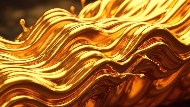 Abstract Golden Liquid Flowing Waves with Splashes.