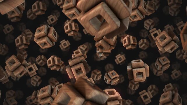 A background of spinning 3D carved wooden style shapes on an endless loop.
