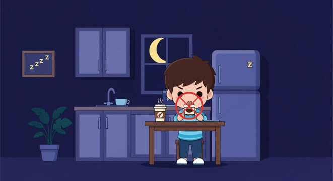 Chibi boy in a dark kitchen at night avoiding caffeine, red prohibition symbol over a coffee cup, crescent moon in window, kitchen interior background with a refrigerator.