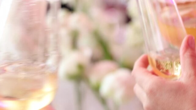 Extreme close up of clinking white wine glasses during a wedding toast or banquet