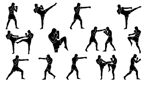 Martial arts kickboxing and Muay Thai silhouette vector assortment isolated on white background