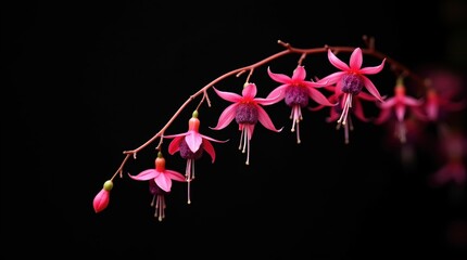 Beautiful pink fuchsia flowers hanging on a delicate branch against a deep dark black background