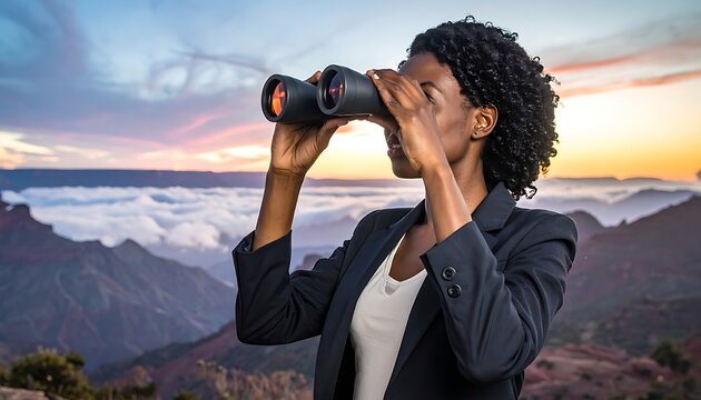 Woman in suit peers through binoculars, viewing mountain range and cloudy sunset, looking determined