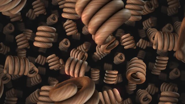 A background of spinning 3D carved wooden style shapes on an endless loop.

