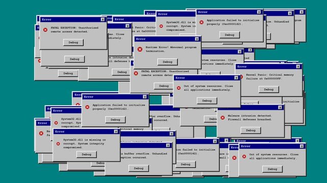 Retro 90s OS System Crash, Computer Error Popup Spam, Virus Hacker Attack Ending in Blue Screen of Death (BSOD)