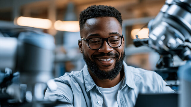 A Black robotics technician programs softly a bright collaborative robot at a warm modern lab in natural daylight robot programming open face warm facility natural light