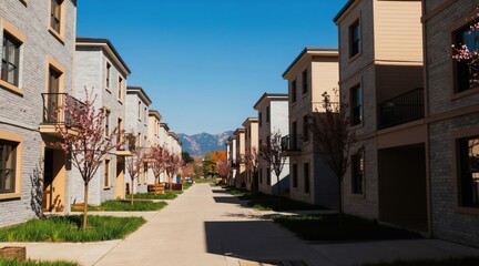 Fototapeta premium Modern suburban street with brick and beige homes. Green lawns and plum trees line the path. Mountains visible in the distance under a clear blue sky.