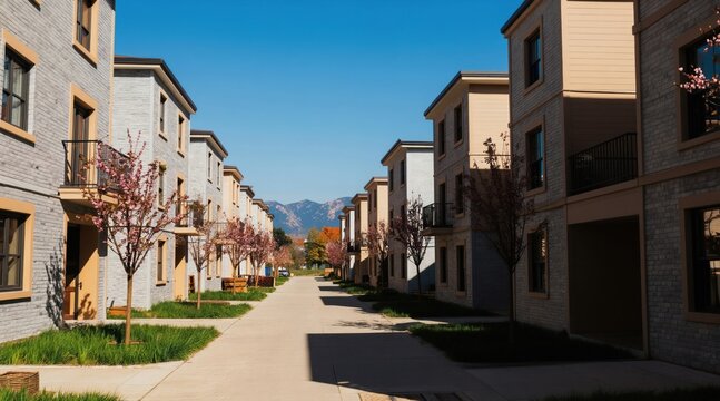 Modern suburban street with brick and beige homes. Green lawns and plum trees line the path. Mountains visible in the distance under a clear blue sky.
