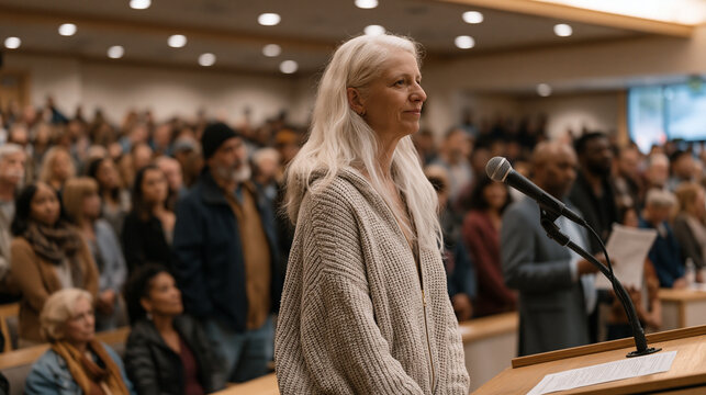 City council chamber packed beyond capacity for mayor-led infrastructure town hall, standing residents lining back wall, official moderator managing microphone queue as
