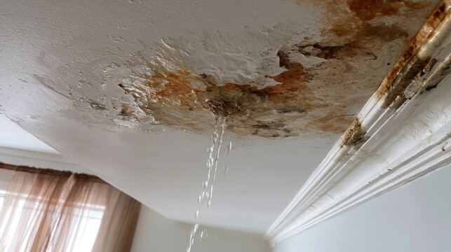 Ceiling damage from water leak, with water dripping and stains