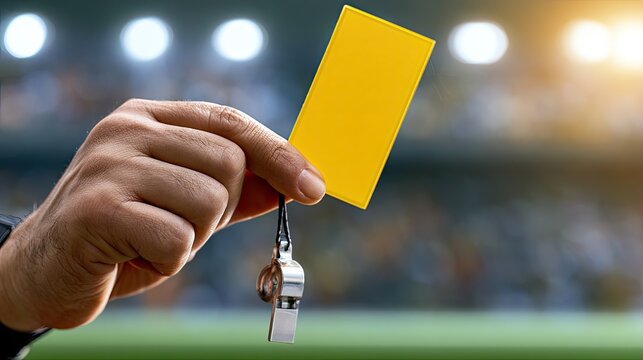 Hand holding yellow card and whistle on blurred stadium background
