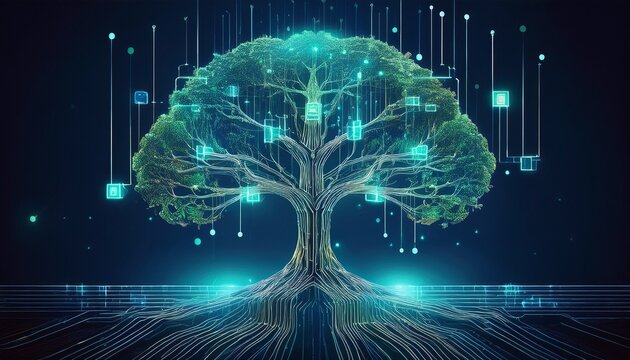 blockchain tree branching into digital roots