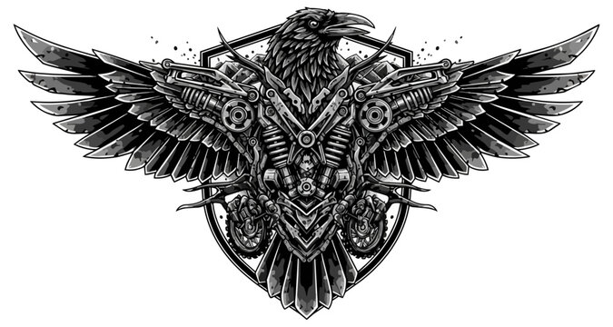 Raven emblem illustration with mechanical wings and shield design
