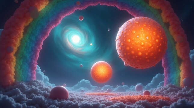 Bright colorful planets floating in deep dark outer space with glowing stars and a mysterious glowing nebula landscape