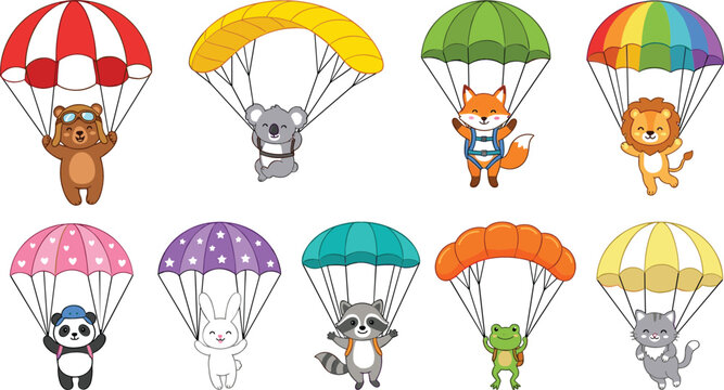 Cute animals parachuting vector collection featuring bear, koala, fox, lion, panda, rabbit, raccoon, frog and cat cartoon characters