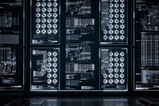 Futuristic digital interface with glowing circuit diagrams and control panels