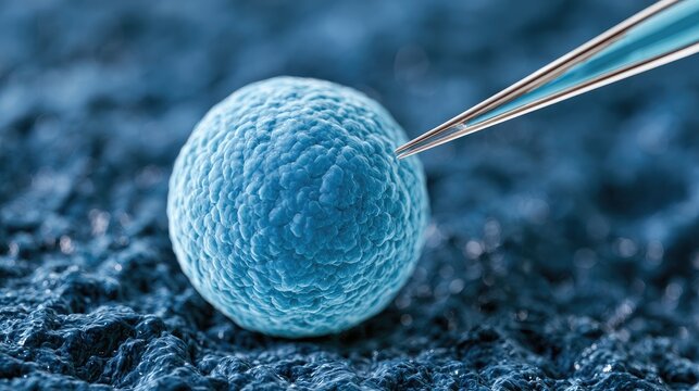 Microscopic view of a single cell being injected with a fine needle