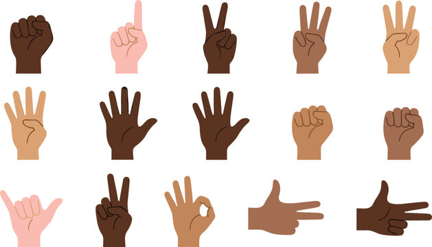 Hand gesture and sign language vector collection featuring diverse skin tones, counting gestures, communication symbols and human hand expressions