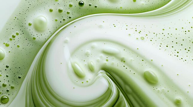 Abstract background of swirling green matcha tea mixed with creamy milk and bubbles.