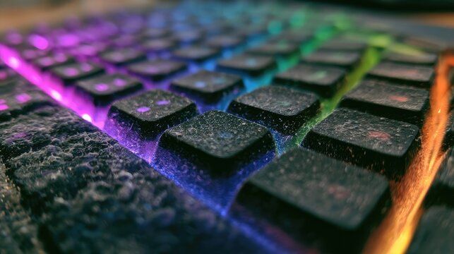 Illuminated keyboard keys coated in dust and grime, glowing with vibrant colors