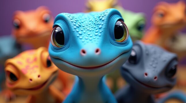Cute blue gecko lizard with big eyes surrounded by other colorful small lizards in a group portrait