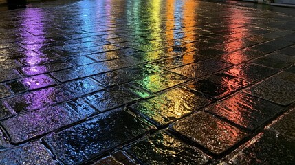 Obraz premium Wet stone path reflects vibrant, colorful lights in a shimmering display