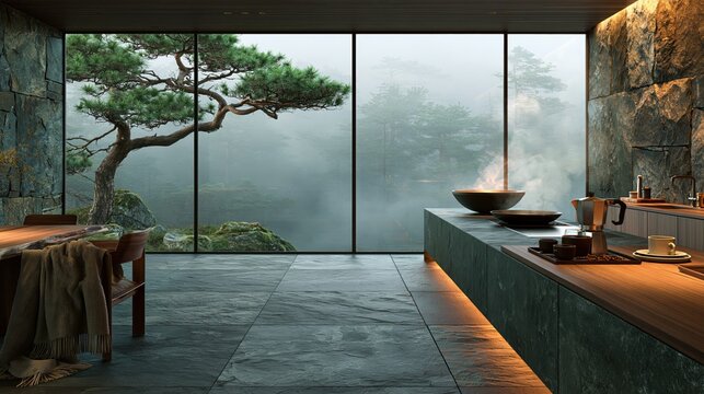 Luxury kitchen interior with stone walls overlooking foggy pine forest