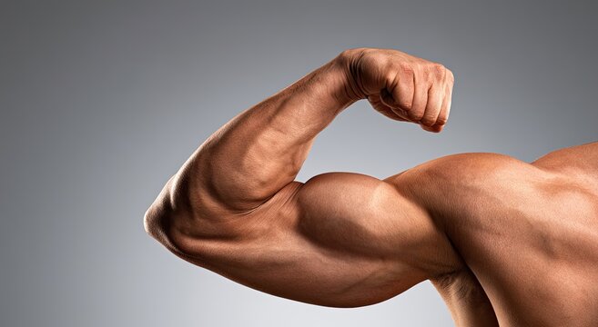 Muscular arm flexing, showing definition and vascularity