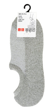 A pair of gray Uniqlo low-cut invisible socks attached to retail packaging with a plastic hanger.