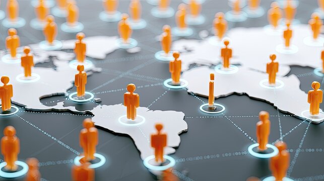 Global network of stylized figures connected across a world map