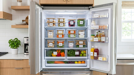 Organized refrigerator interior with clear storage containers, labeled food items, and fresh produce in a modern kitchen setting © MDABDULLALJOSEL