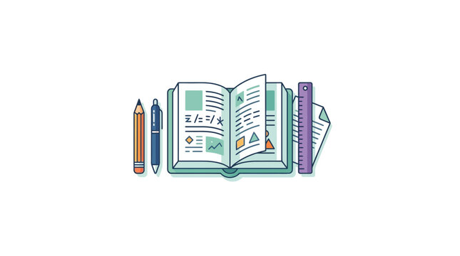 Open Book With Math Symbols, Pencil, Pen and Ruler - Education Concept