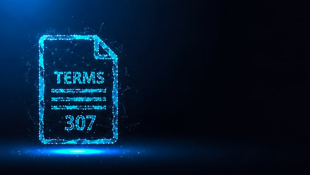 Digital illustration of a glowing document labeled 'TERMS 307' against a dark background, symbolizing terms and conditions or legal agreements with a redirection status code.