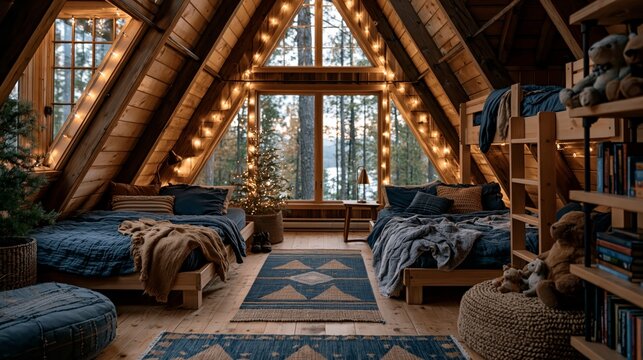 Rustic wooden A-frame attic bedroom with forest view